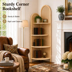 70" Tall Corner Bookshelf, 4-Tier Rattan Corner Shelf Stand for Small Spaces - Solid Wood Frame Display Organizer Rack, 90° Flush Wall Fit, Natural