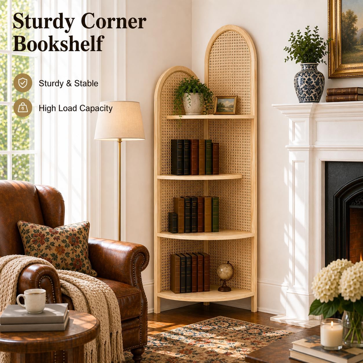 70" Tall Corner Bookshelf, 4-Tier Rattan Corner Shelf Stand for Small Spaces - Solid Wood Frame Display Organizer Rack, 90° Flush Wall Fit, Natural