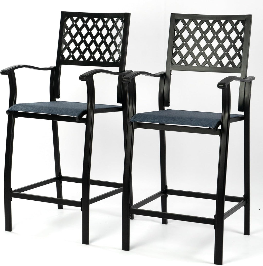 Kozyard Outdoor Counter Height Bar Stools Set of 2, Patio Bar Chairs with Wrought Iron Frame & Textilene Fabric, Outdoor Dining Chairs for Patio, Poolside, Backyard Navy Blue