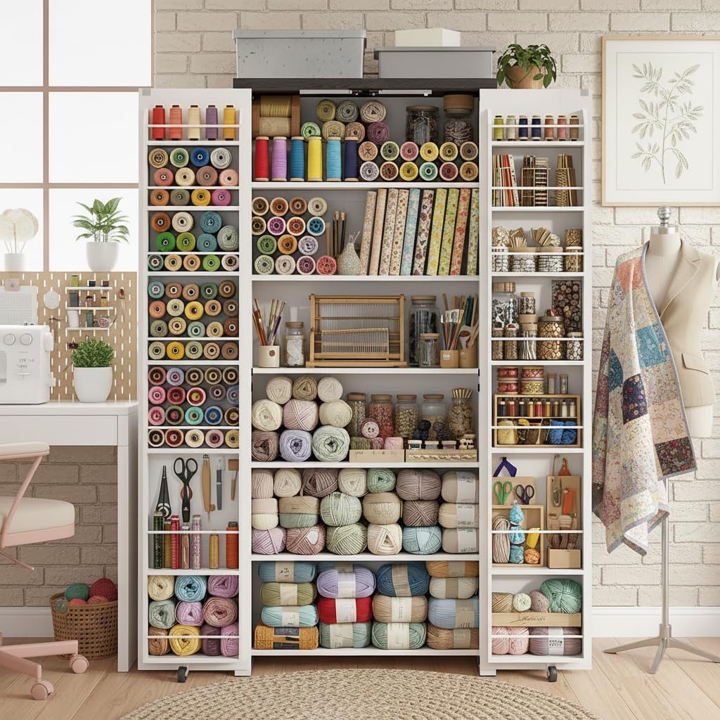 Furnaza Kitchen Pantry Cabinets - 72" Tall Craft Storage Cabinet with LED Lights, Adjustable Shelves Sewing Organizer for Craft Room/Dinning Room or Living Room, in Grian White