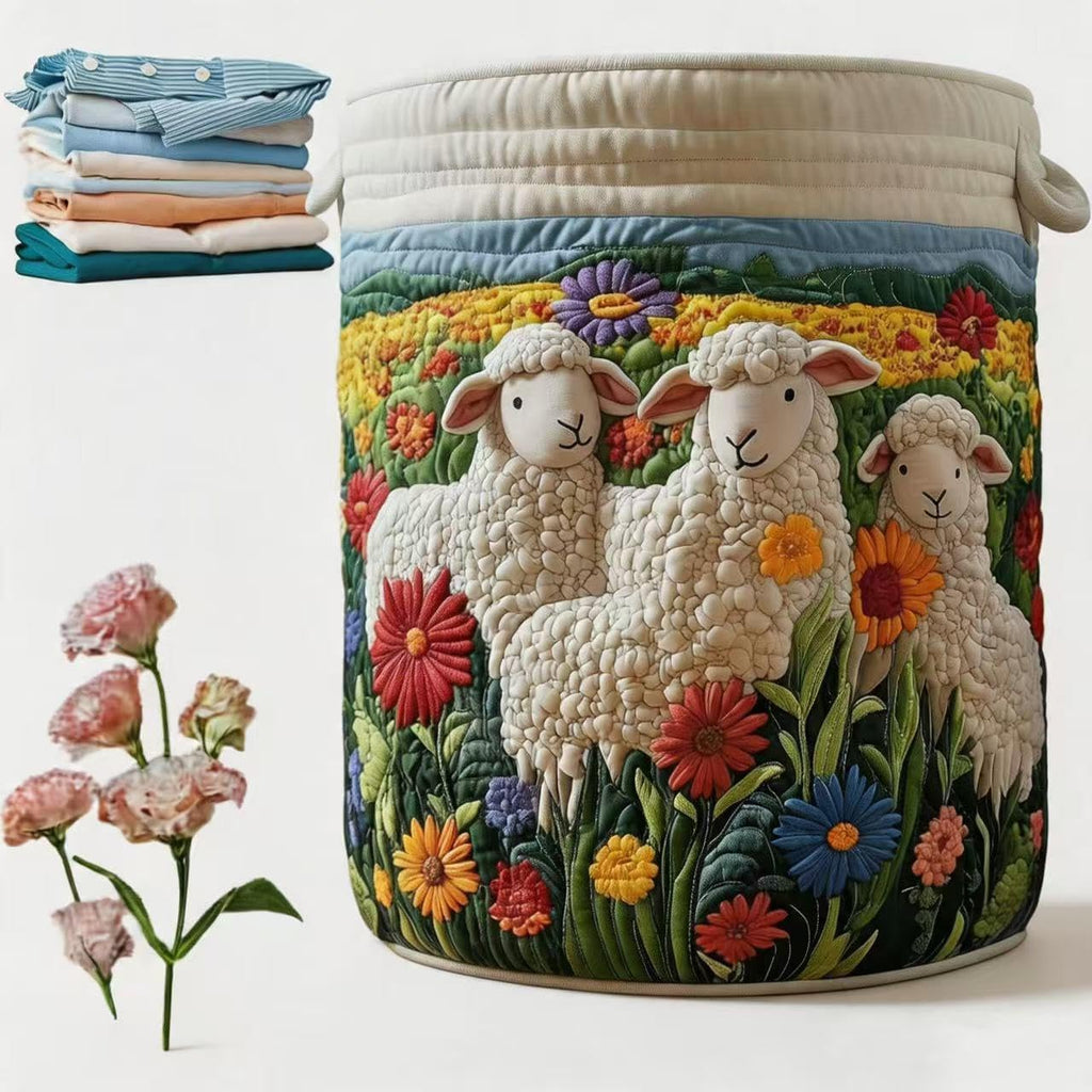Quilted Laundry Basket with Handles, Collapsible Boho Floral Storage Bin, Large Soft Quilted Basket, Portable Organizer for Clothes, Toys, Blankets, Nursery, Bedroom, Laundry Room (Sheep, L)