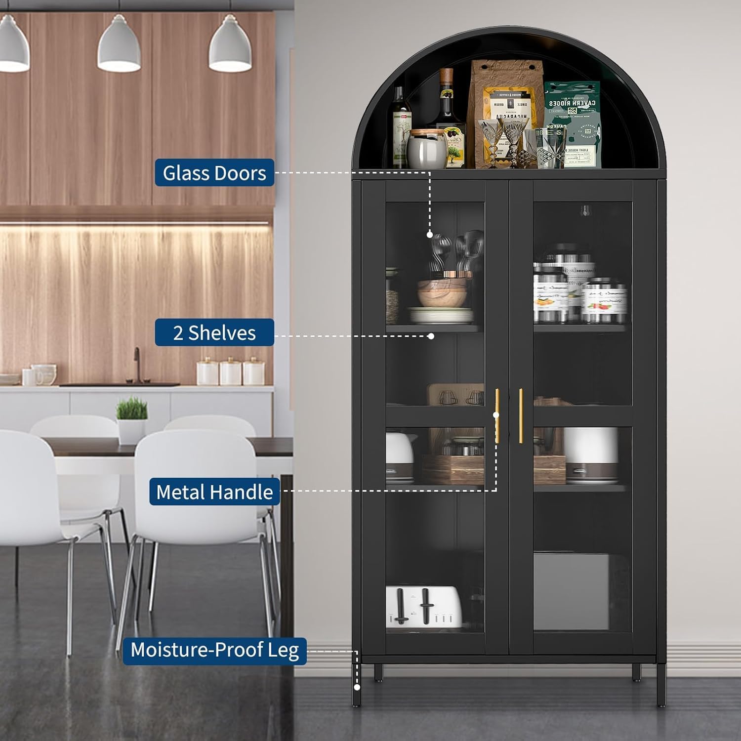 73" Tall Metal Arched Kitchen Pantry,Pantry Cabinet with Glass Door, 2 Adjustable Shelves,Modern Farmhouse Display Bookshelf for Kitchen, Dining Room, Bathroom,Black