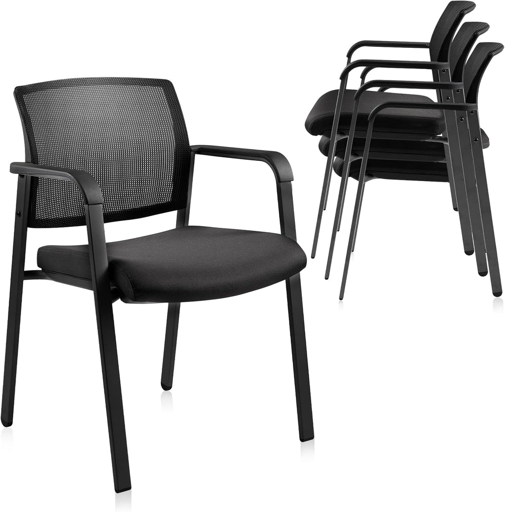 CLATINA Home Office Desk Chair No Wheels,Ergonomic Mesh Mid Back Stacking Arm Chair for Remote Learning,Small Office,Guest Chair,College Apartment (Black, 4 Pack)