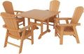 WO Outdoor Adirondack Patio Dining Chair Table 5 PCS Set Seashell Back Armchair Square Table Retro Aesthetic for Outside Restaurant Dining, Resort, Hotel, Lawn, Garden (Teak)