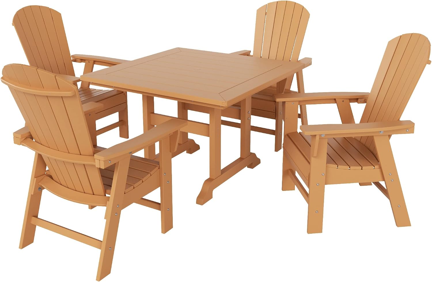 WO Outdoor Adirondack Patio Dining Chair Table 5 PCS Set Seashell Back Armchair Square Table Retro Aesthetic for Outside Restaurant Dining, Resort, Hotel, Lawn, Garden (Teak)