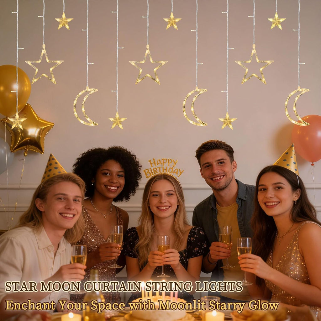 Moon Star Curtain String Lights, 11.5ft 120LED Moon Fairy Lights with USB & Battery Operated(Not Include) 8 Lighting Modes IP65 Waterproof Starry Night Lights for Christmas Ramadan Wedding Birthday