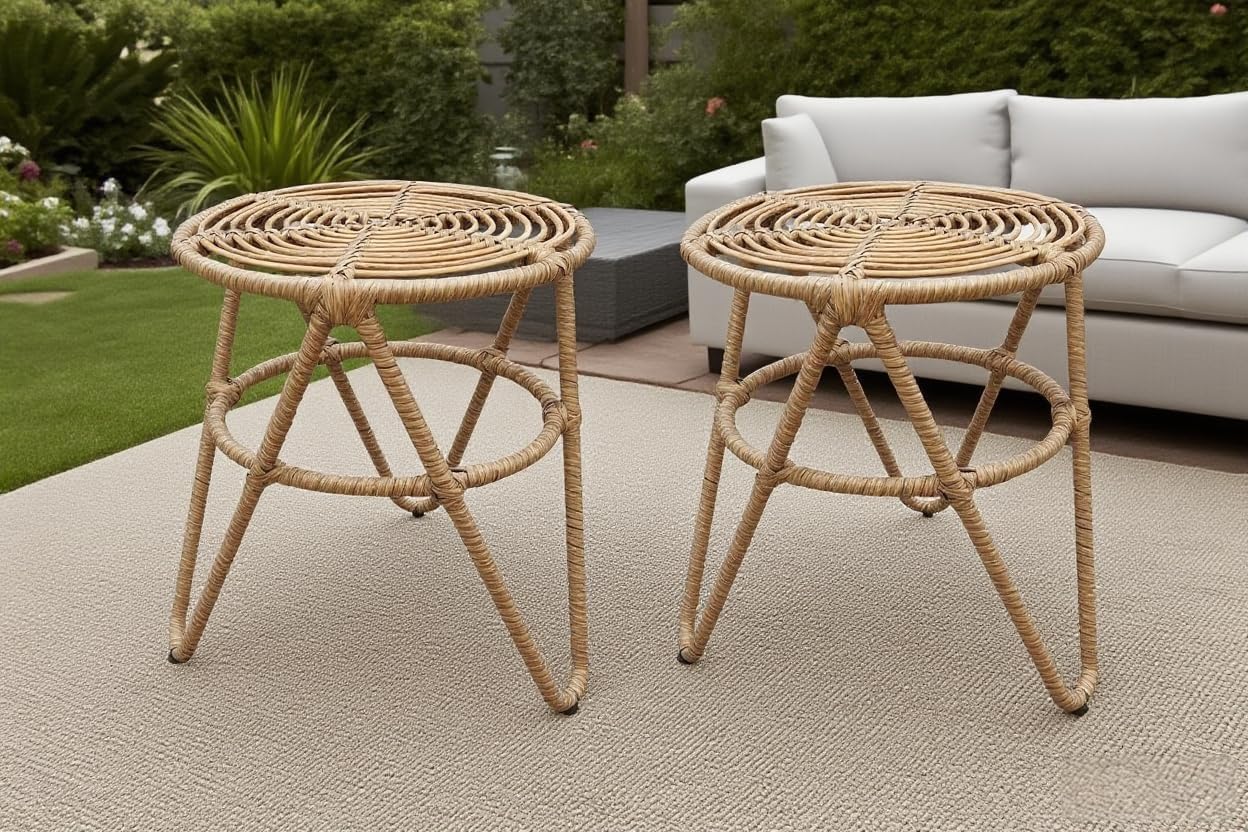 Round Coffee Table Set of 2, Natural Rattan Side Table Boho, Small Mid Century Modern Rattan End Tables for Living Room Bedroom Office Yard Garden Backyard Porch Poolside Balcony Lawn Bistro