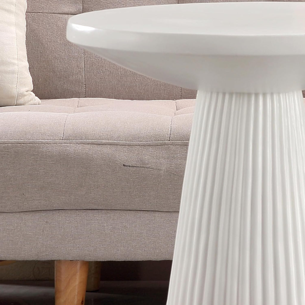 White Fluted Pedestal Side Table Modern Accent Table for Living Room Patio & Entryway Indoor Outdoor Weather Resistant End Table