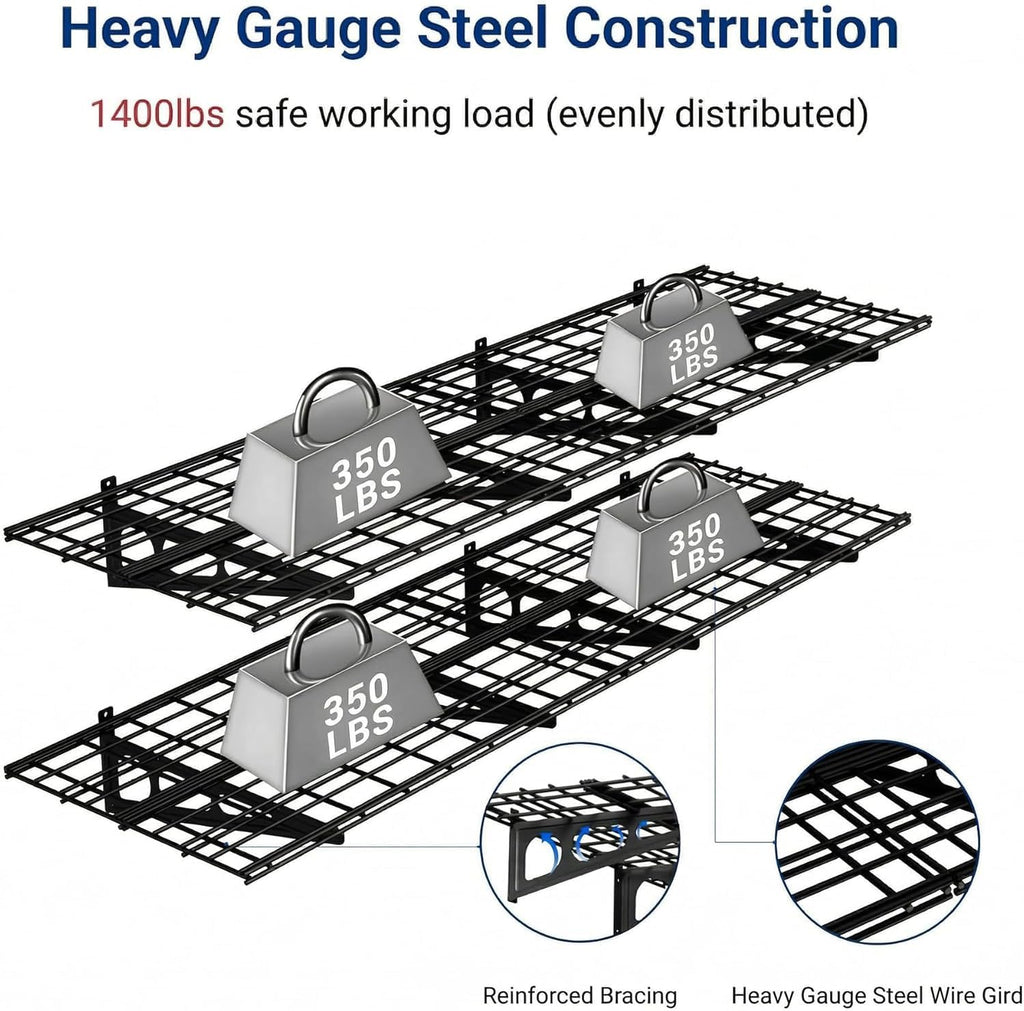 FLEXIMOUNTS 4 Pack Garage Shelving, 2 x 3 ft Each Heavy-Duty Garage Storage Shelves, 1400 lbs Load Capacity, 24"x72" Garage Wall Shelving for Garage, Pantry, Workshop, Black, Classic Series