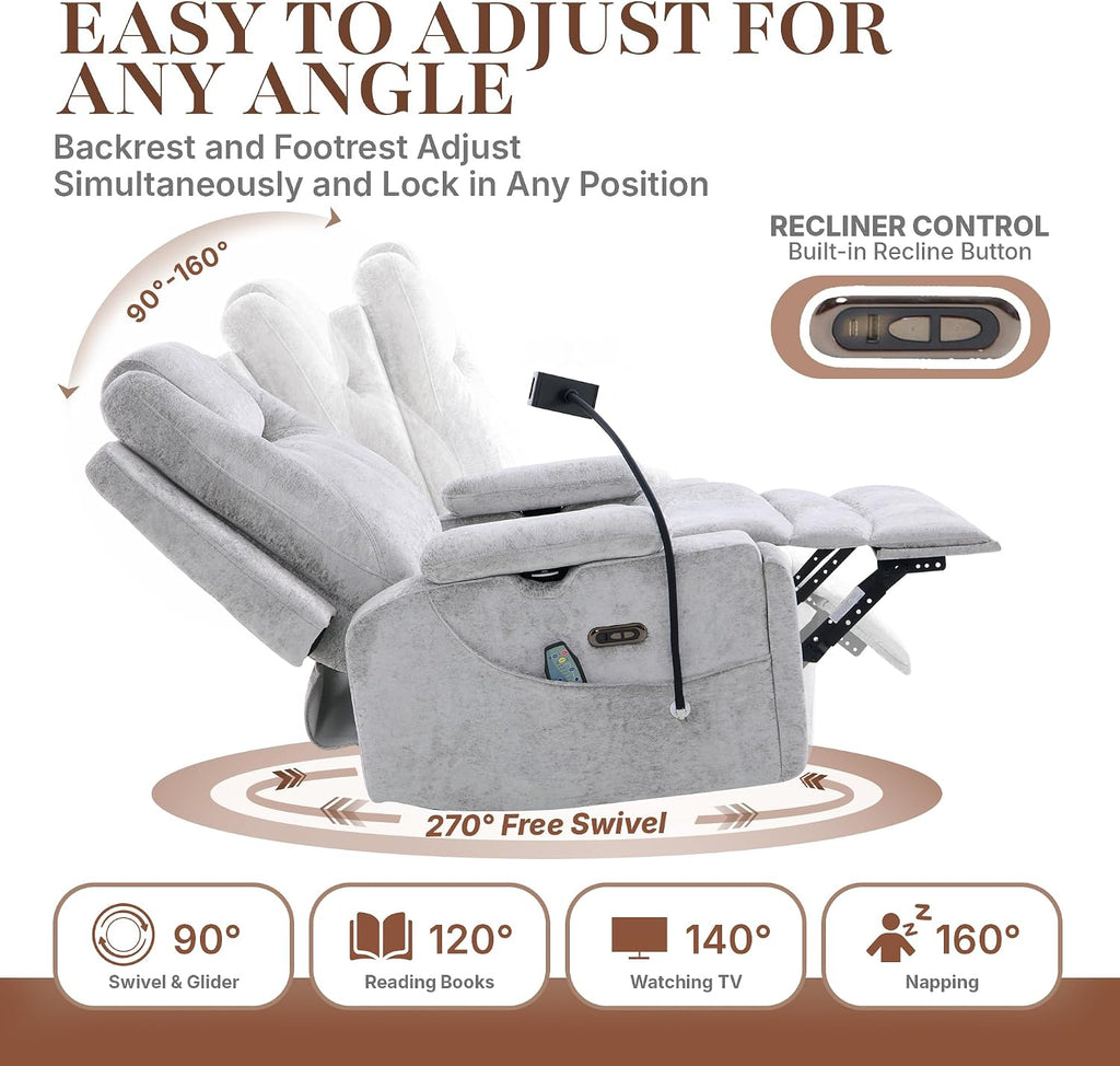 Oversized Power Rocker Recliner Chair, Swivel Glider Rocking Chair for Adults with Massage and Heat, Nursery Glider Recliner with Adjustable Headrest and Phone Stand