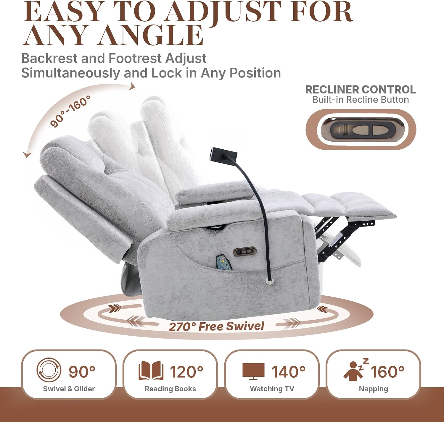 Oversized Power Rocker Recliner Chair, Swivel Glider Rocking Chair for Adults with Massage and Heat, Nursery Glider Recliner with Adjustable Headrest and Phone Stand