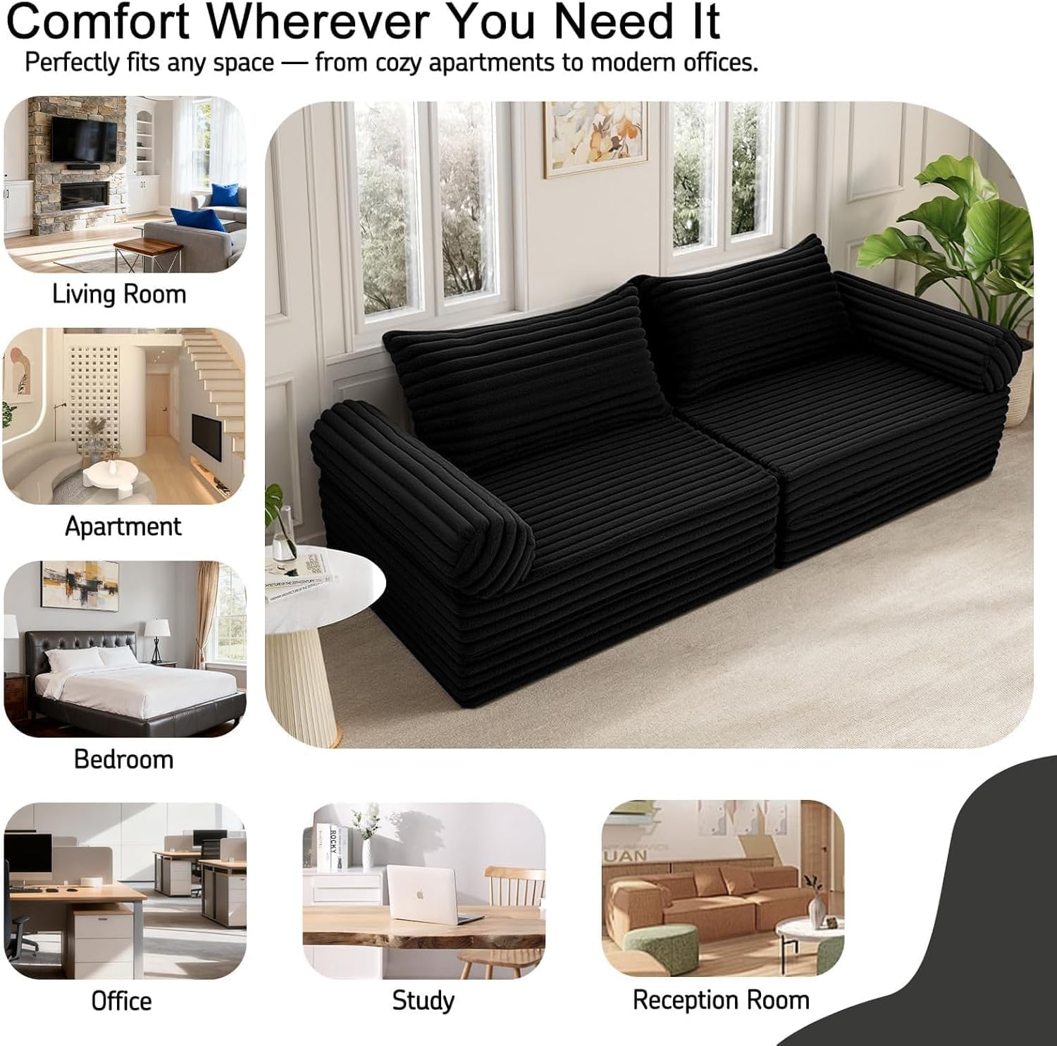 MeMoreCool Convertible Sofa Bed, Folding Floor Couch Bed Queen, Pull Out Sleeper Couch with Pillows, Fold Out Futon Sofa for Bedroom Living Room Small Space, Corduroy Black