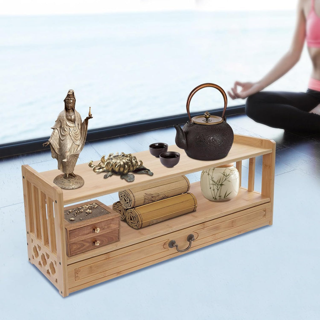 Meditation Table, 3-Tier Bamboo Altar Floor Tables for Spiritual, Puja Table with Drawer for Prayers, Worship or Bamboo Furniture for Displaying Plants and Books