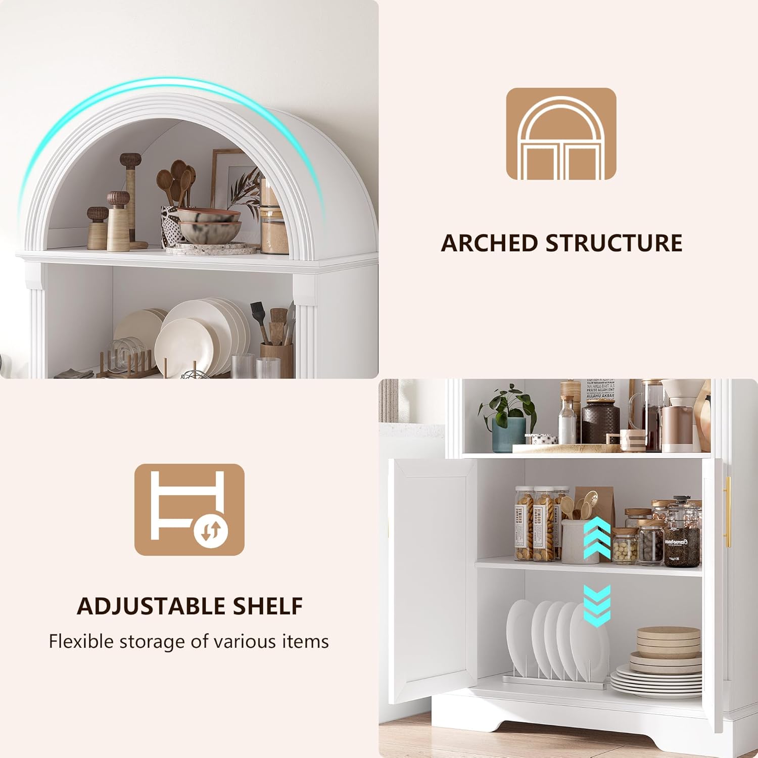 Vlsrka 71" Tall Arched Cabinet, Kitchen Pantry Cabinets, Arched Bookshelf/Bookcase,China Cabinet, Wood Kitchen Storage Cabinets with Open & Adjustable Shelves, Induction 3 Color Lights, White