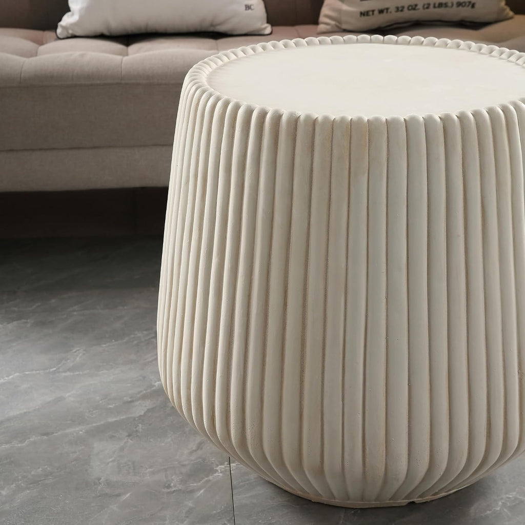 IRONORA White Vertical Fluted Round Side Table, Barrel Shaped Pedestal End Table, Pleated Textured Accent Coffee Table for Living Room Bedroom Entryway, Minimalist Indoor Decor Nightstand