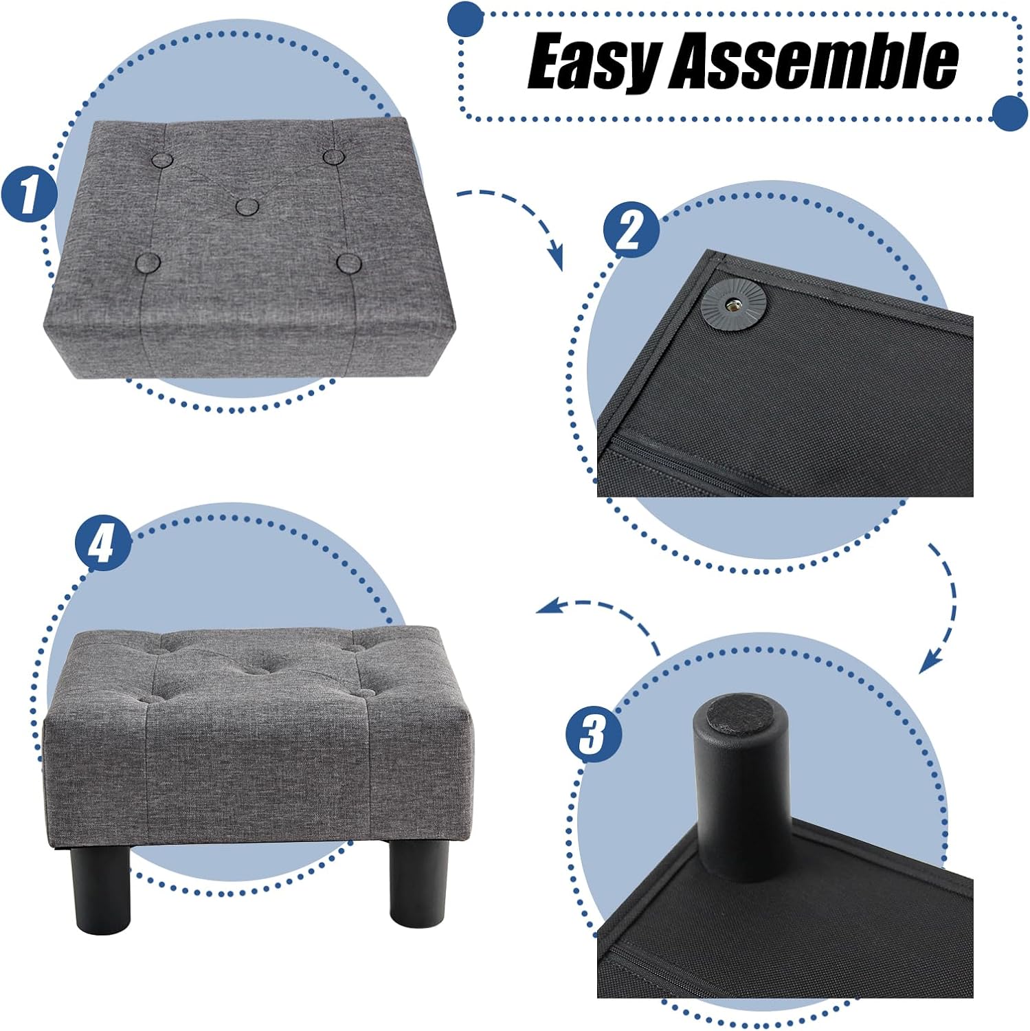 BRIAN & DANY Small Foot Stool, Linen Foot Stools with Legs, Stable Small Footstool for Living Room, Grey