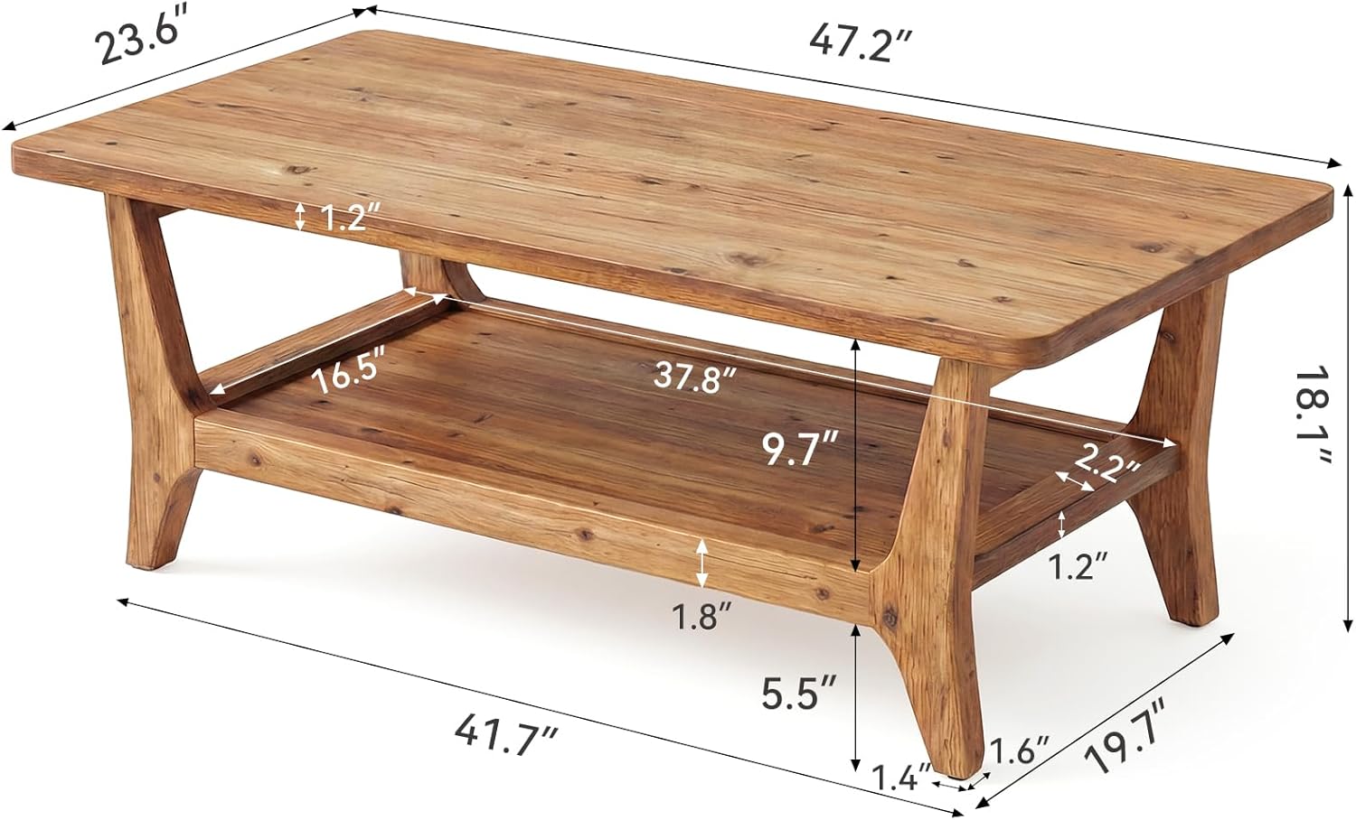 LITTLE TREE Solid Wood Coffee Table, 47-Inch Living Room Center Table with Shelf, 2-Tier, Smooth Corners, Lightweight, Easy Assembly, 23.6" D x 47.2" W, Warm Cedar Brown Finish