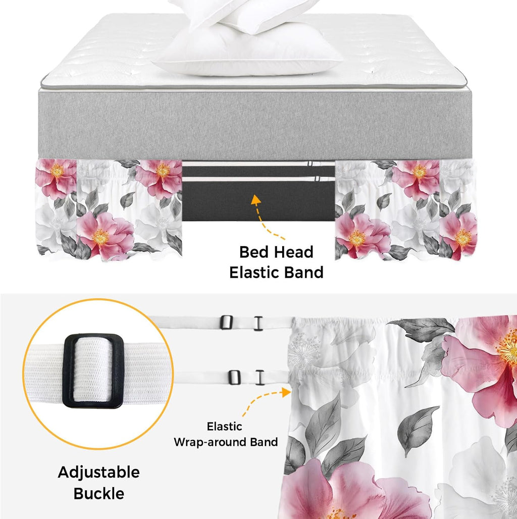 Pink Grey Floral Bed Skirt Cal King Size 16 Inch Drop, Adjustable & Elastic Wrap Around Bed Skirts Pleated Dust Ruffles for Twin Full Queen Cal King Base Bed, Botanical Leaves Spring Chic Flower