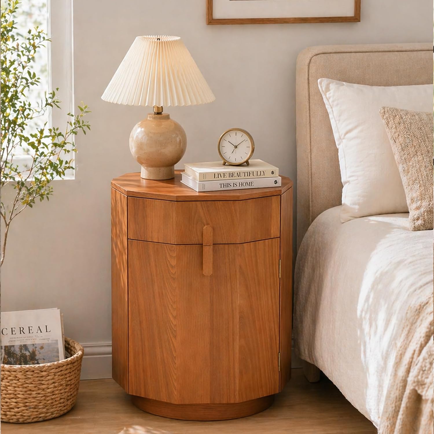 Ahokua Modern Octagonal End Table with Drawer and Cabinet, 19.7" Wide Side Table with Door Storage Rack, Modern Small Nightstand for Bedroom, Living Room or Entryway, Natural Wood