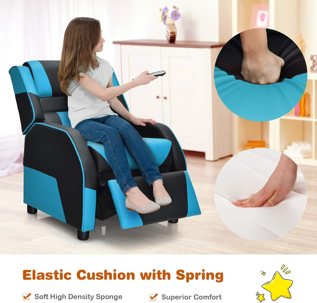 Costzon Kids Recliner, Gaming Recliner Chair w/Footrest, Headrest & Lumbar Support, Ergonomic Leather Lounge Chair for Living & Gaming Room, Adjustable Racing Style Sofa for Children Boys Girls, Blue