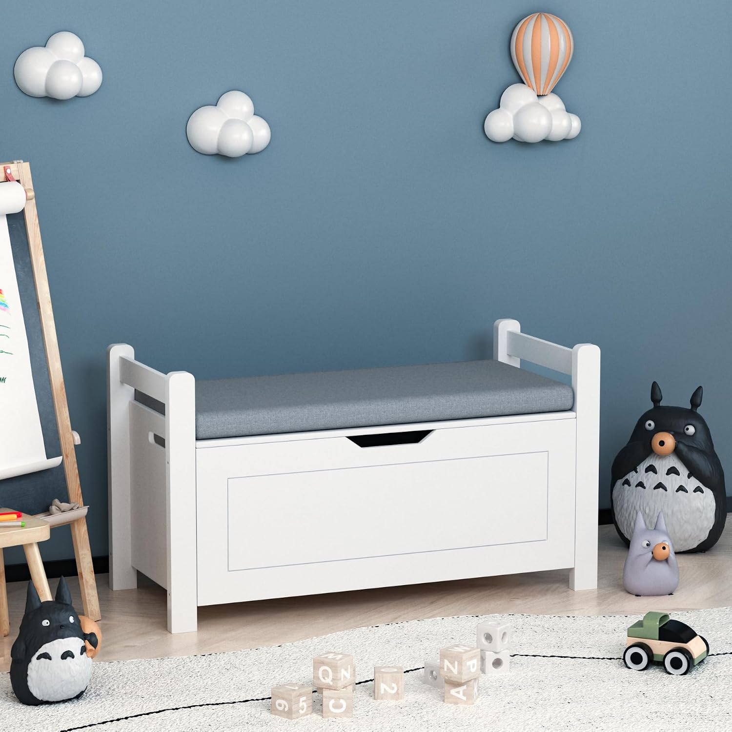 White Toy Storage Bench with Cushion Seat & Bookshelf, Multi-Functional Kids Toy Box Organizer, Flip-Top Lid & Safety Hinge, Large Storage Cabinet for Playroom, Nursery