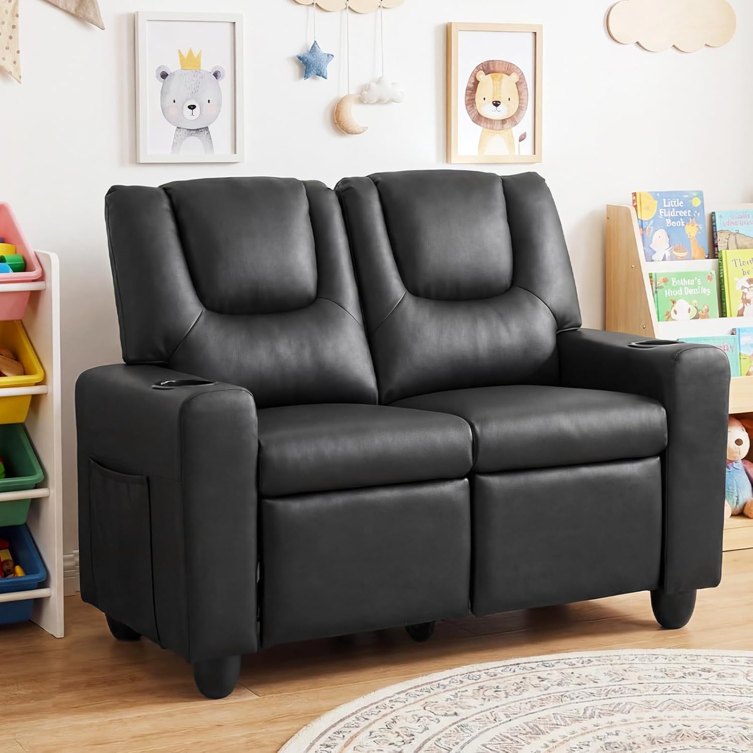 Costzon 2-Seater Kids Recliner, PU Leather Kids Loveseat w/2 Cup Holders & 2 Side Storage Pockets, Toddler Lounge Sofa Chair Couch w/Adjustable Backrest & Footrest for Girls & Boys 3+ Years Old Gifts