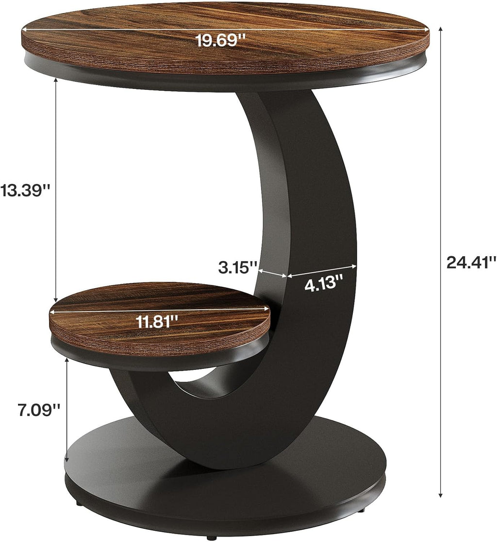 Tribesigns Round End Table with 2-Tier Shelf Storage,C Shaped Wood Side Table for Couch with Metal Frame,Modern Nightstand Accent Table for Living Room,Bedroom,Small Space (Brown)