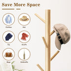Wooden Coat Rack Freestanding with 8 Hooks,Easy Assembly New Zealand Pine Tree Coat Racks, 3 Adjustable Sizes for Clothes, Hats, Bags, for Entryway, Hallway, Bedroom, Office (Natural, 2PCS)