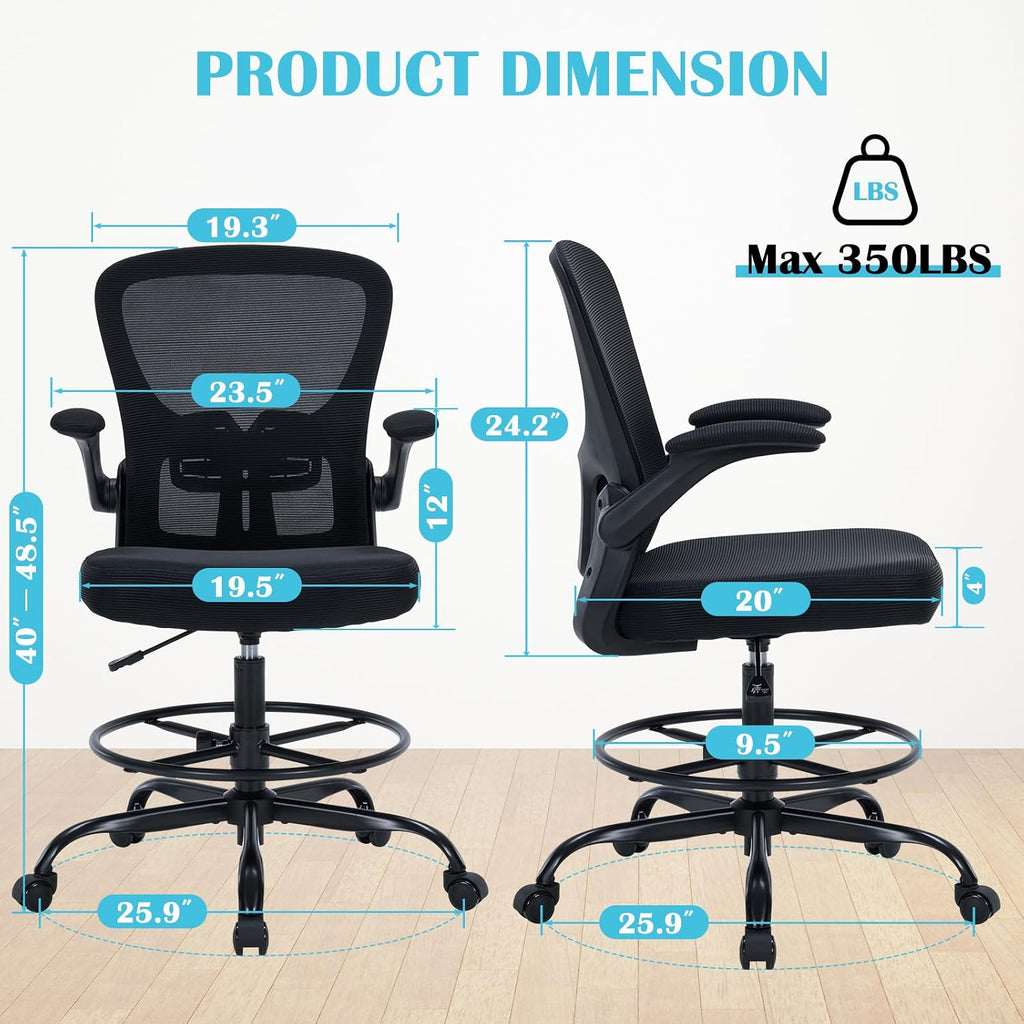 Drafting Chair Tall Office Chair, Standing Desk Chair with Flip-Up Armrests, Breathable Mesh High Chair Adjustable Height, Ergonomic Computer Chair with Lumbar Support and Adjustable Footrest Ring