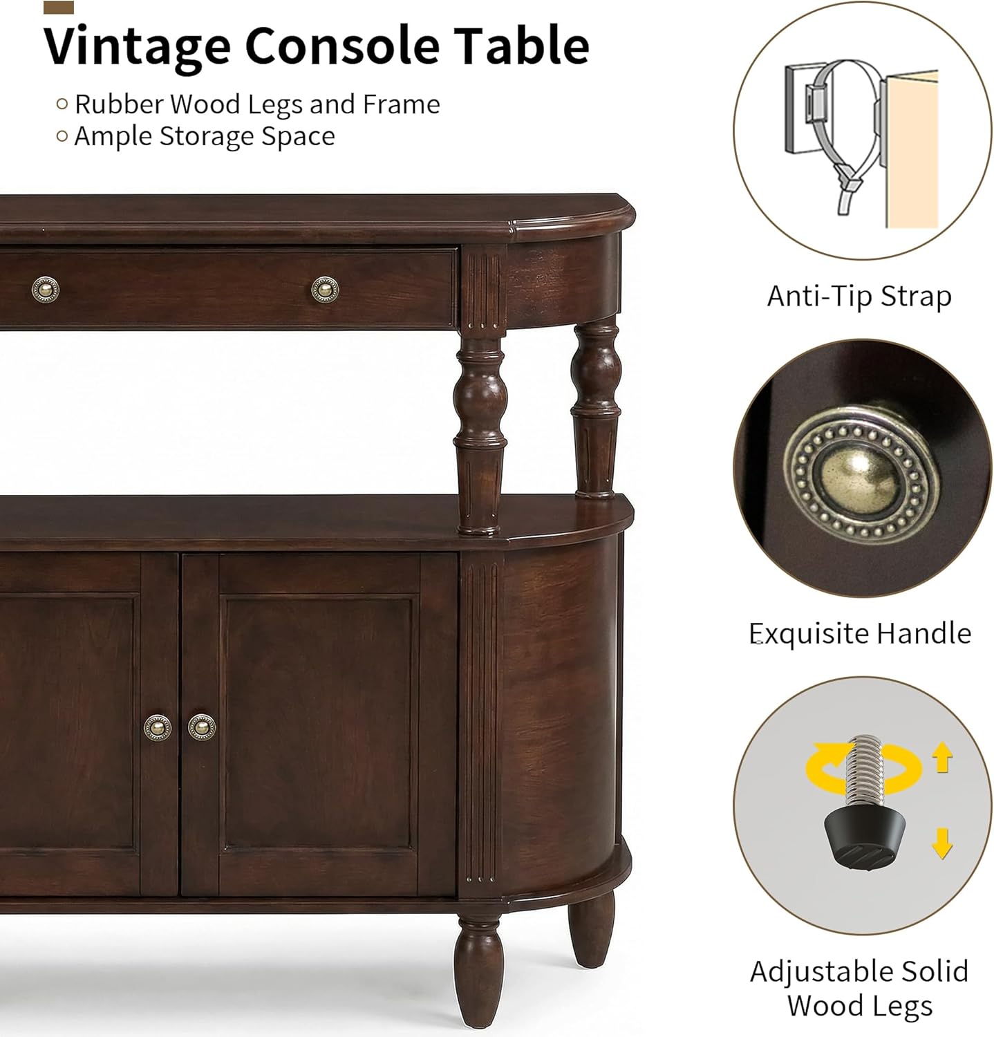 Curved Console Table with Solid Wood Legs, 47" Half Moon Sofa Table with Storage, Drawer & 2-Doors, Real Wood Veneer, Adjustable Shelf, Anti-Tip, Entryway Table for Living Room/Hallway,Walnut