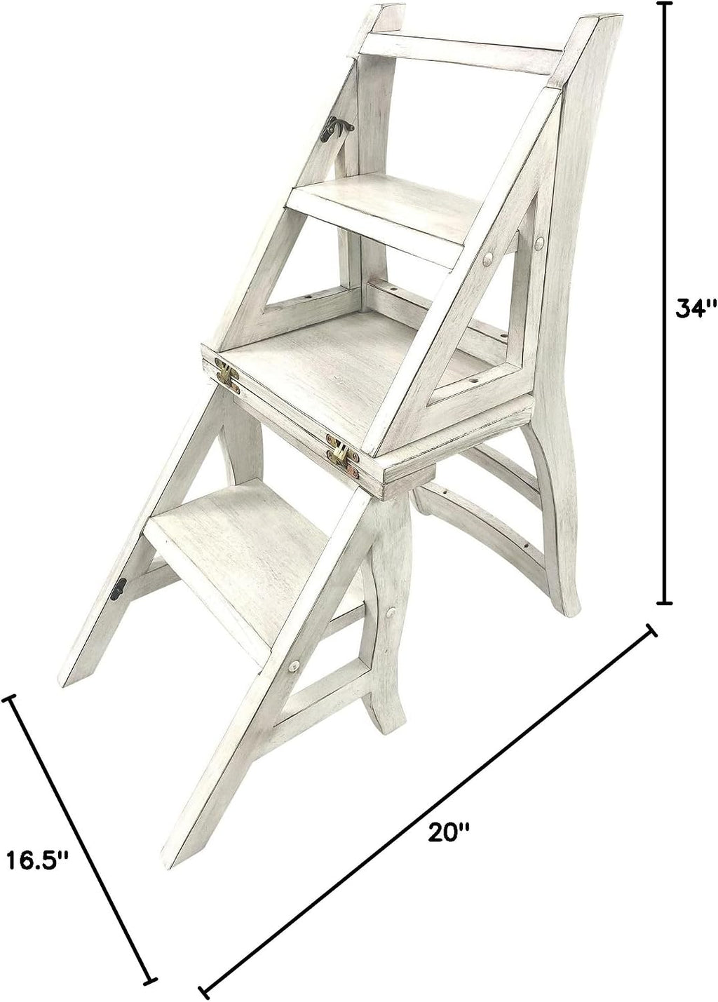 Carolina Chair & Table Antique Folding Library Ladder Chair - Convertible 2-in-1 Chair, Foldable Ladder Seat with Storage Shelf - Multifunctional Furniture for Bedroom, Dining (Antique White)