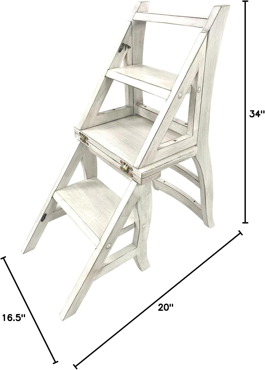 Carolina Chair & Table Antique Folding Library Ladder Chair - Convertible 2-in-1 Chair, Foldable Ladder Seat with Storage Shelf - Multifunctional Furniture for Bedroom, Dining (Antique White)