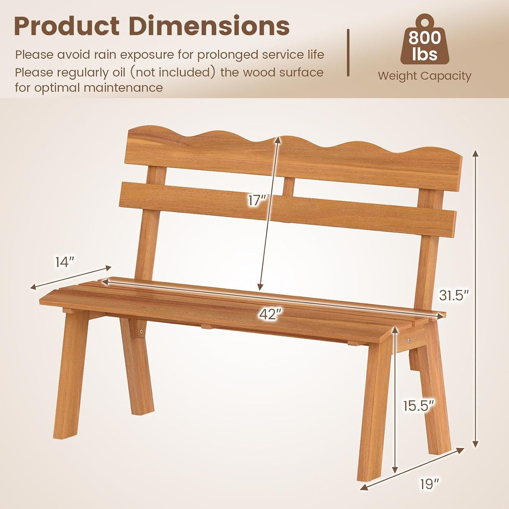 Tangkula Acacia Wood Outdoor Bench with Backrest, 2-Person Patio Garden Bench with Waved Backrest and Slatted Seat, 800 lbs Weight Capacity, Outside Loveseat for Front Porch, Balcony, Backyard, Park