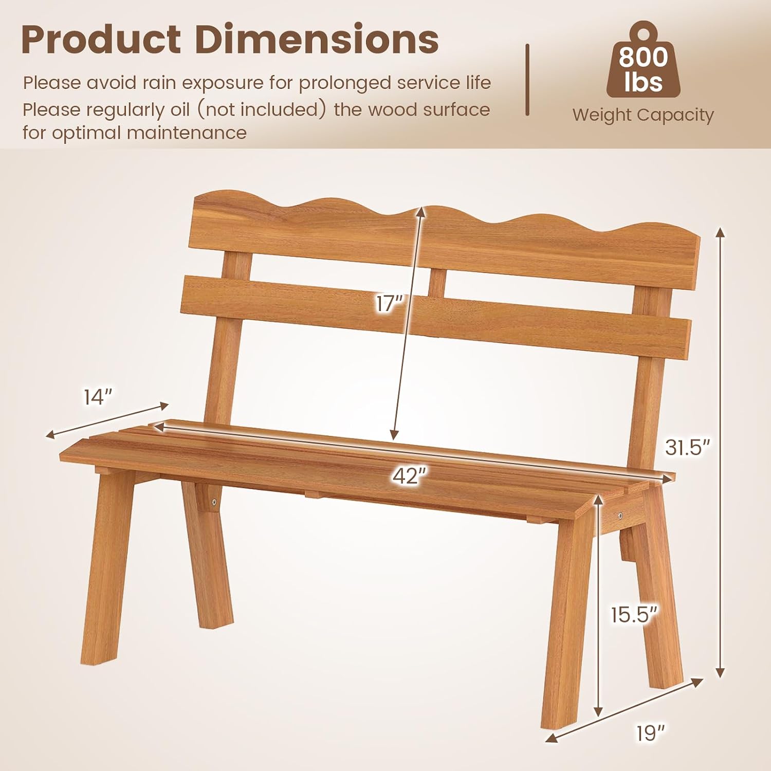 Tangkula Acacia Wood Outdoor Bench with Backrest, 2-Person Patio Garden Bench with Waved Backrest and Slatted Seat, 800 lbs Weight Capacity, Outside Loveseat for Front Porch, Balcony, Backyard, Park
