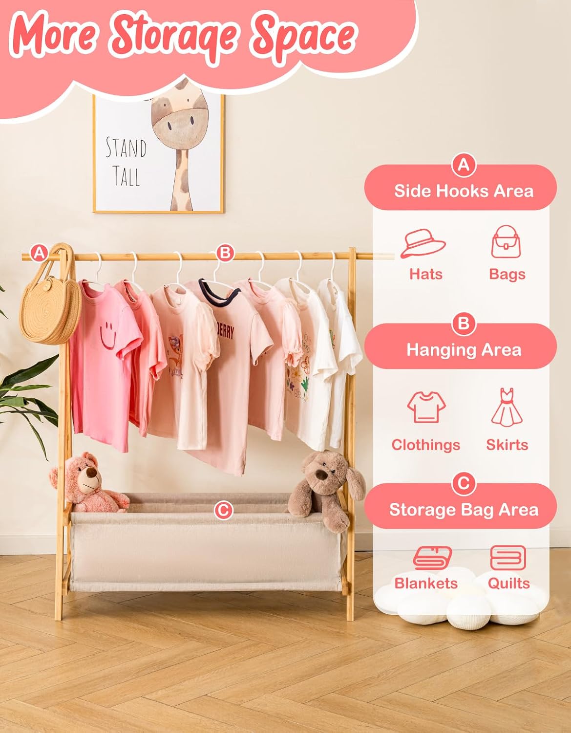 Kids Clothing Rack with Storage Box, Kids Dress Up Rack, Dance Costume Garment Rack for Hanging Clothes,Garment Rack for Hanging Clothes Organizer, Bamboo (Natural)