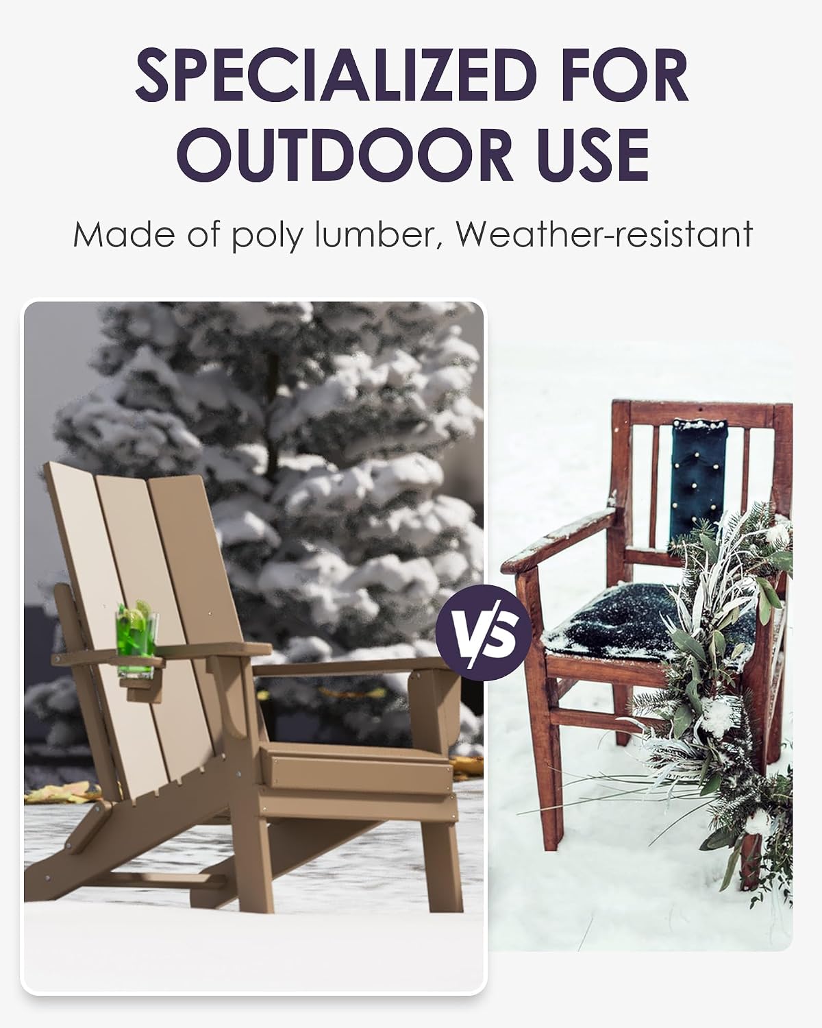 Folding Adirondack Chairs, All-Weather Resistant HDPE Patio Firepit Chairs, Sturdy Outside Chairs with Cup Holder, Pre-Installed Lawn Chairs Load Capacity 385lb, Weathered Wood