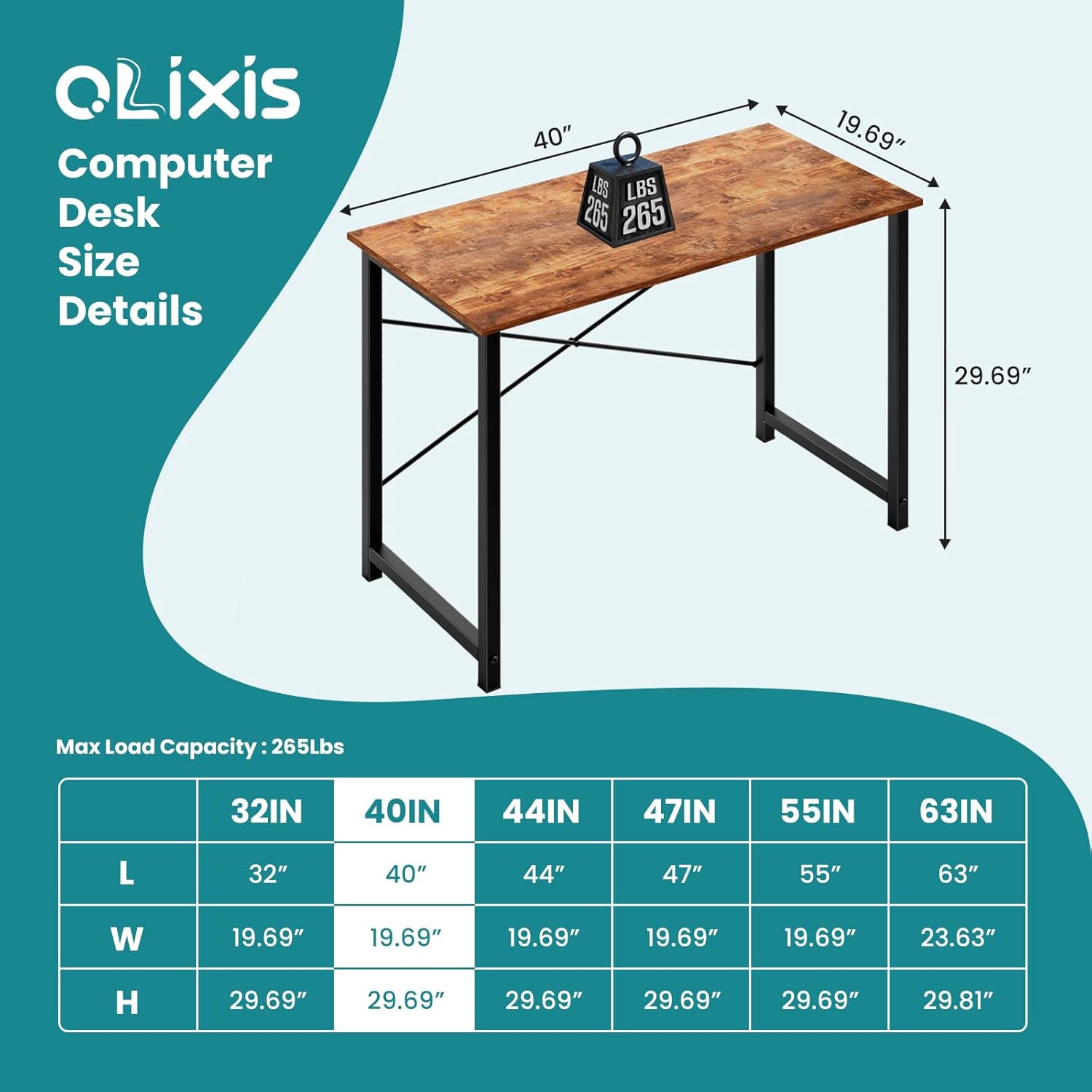 OLIXIS Home Office Computer Desk, Small Office 40-inch Writing and Study Desk, Bedroom Table with Metal Frame and Wooden Top, Compact Modern Study Table for Home Use, Rustic Brown