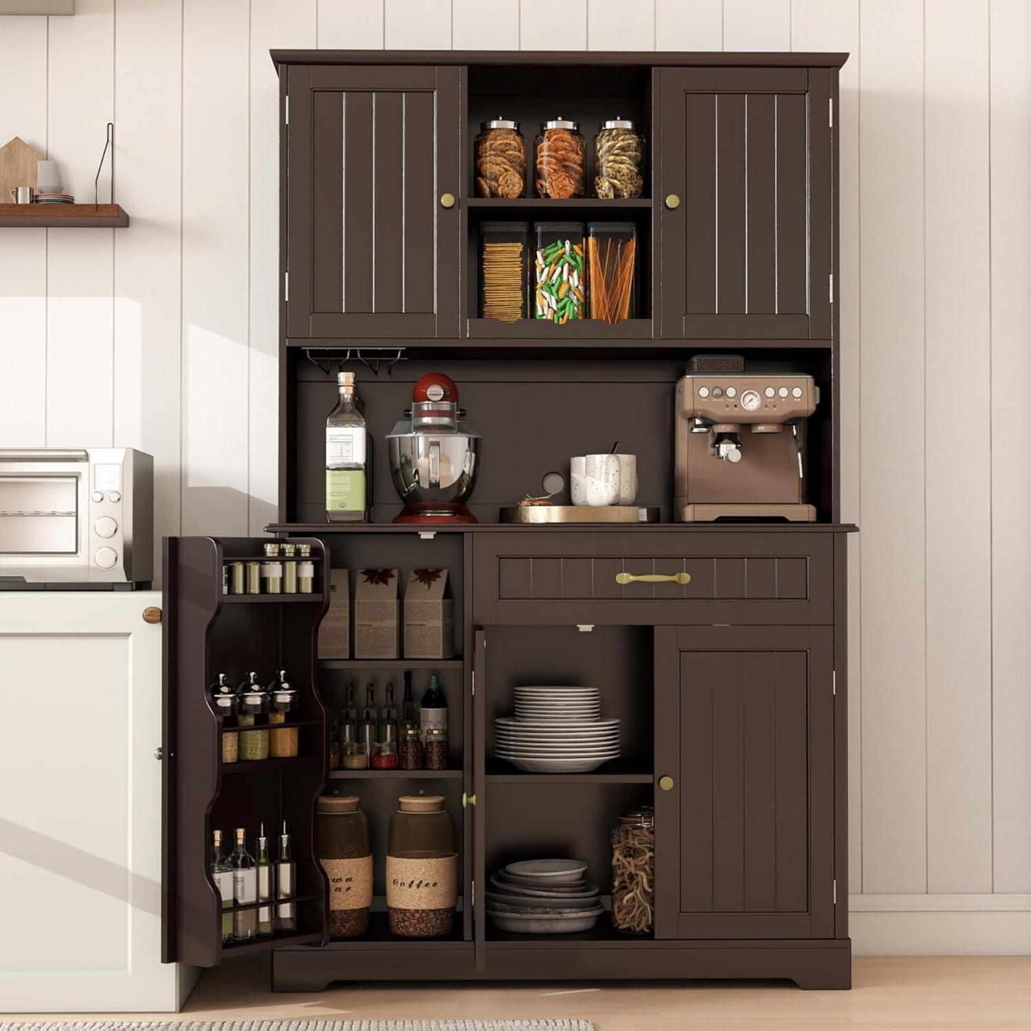 Gizoon Kitchen Hutch Cabinet Kitchen Hutch Storage Cabinet Tall Pantry Coffee Bar with Storage for Dining Room and Craft Room, Painted Dark Brown