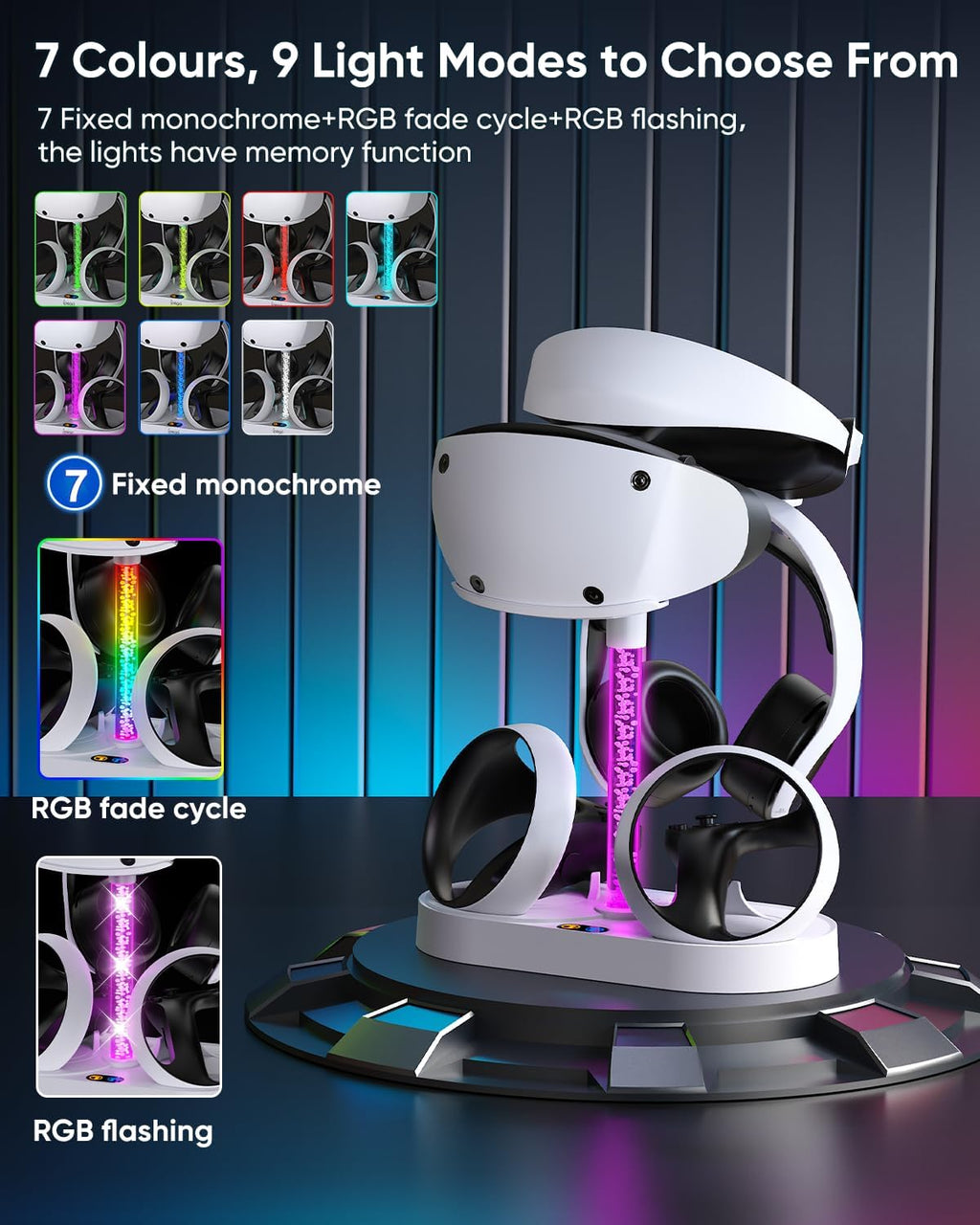 FASTSNAIL Charging Stand for PlayStation VR2, Multifunctional PS VR2 Headset & Sense Controllers Charge Dock Station with 10 RGB Light Modes of Memory, Storage Base Gaming Accessories for PS5 VR2