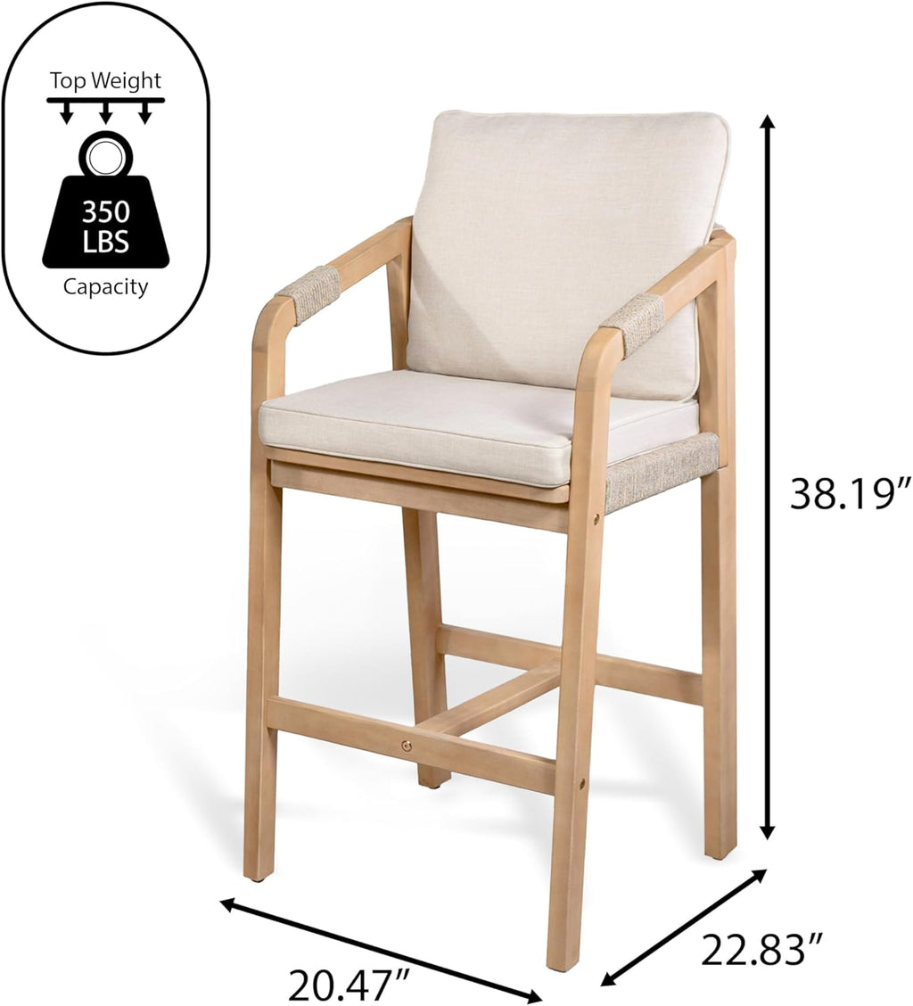 JONATHAN Y Porto Acacia Wood Outdoor Bar Stool Set of 2 for Patio and Kitchen Counter, Coastal Woven Rope Armchairs with Removable Cushions, Light Teak BSL1200A-SET2