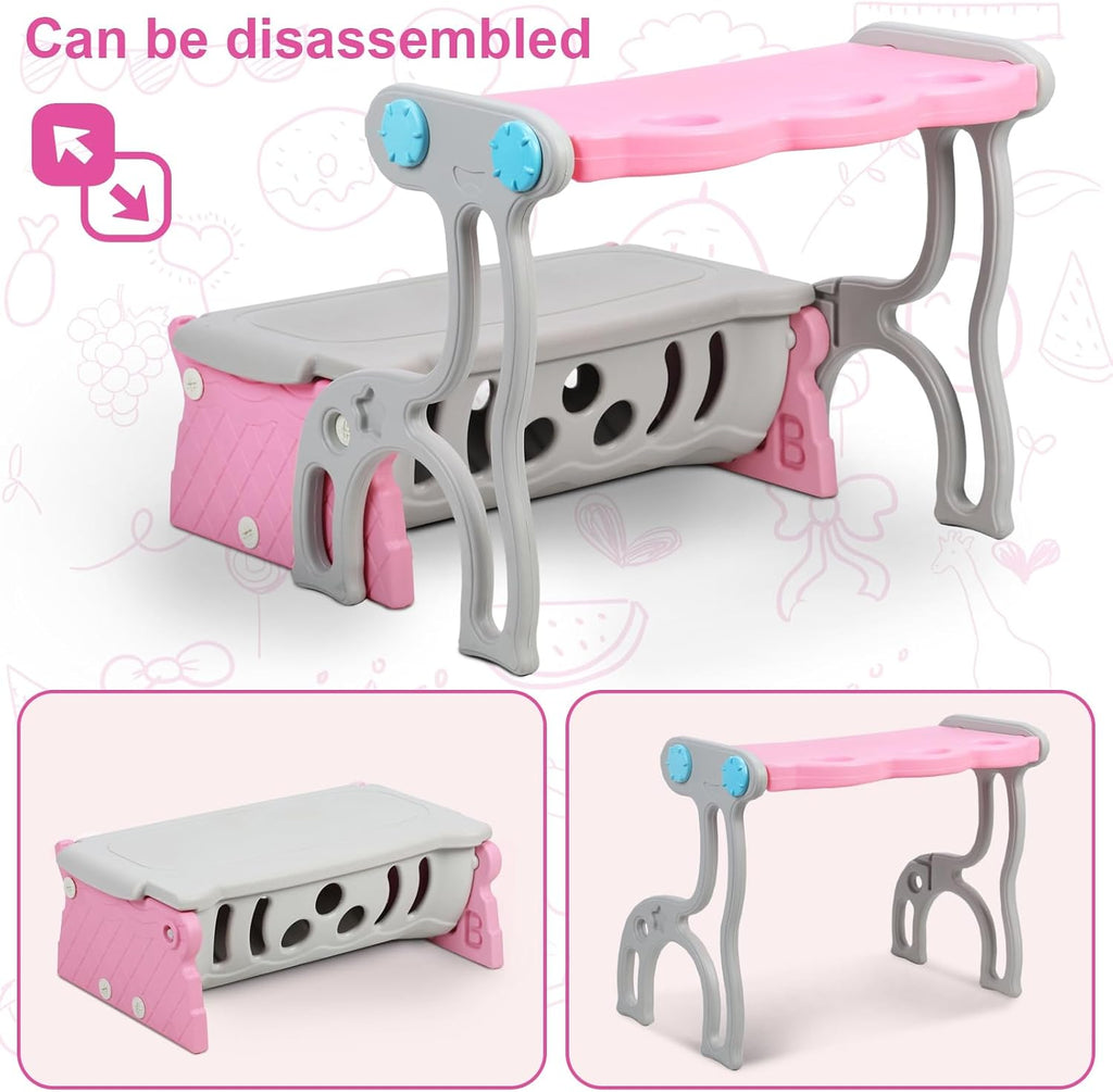 3 in 1 Study Table Bench Toy Storage Stool Set, Kids Storage Bench Toy Storage Stool with Letter Backrest, Flip Design, Large Capacity Space Pink