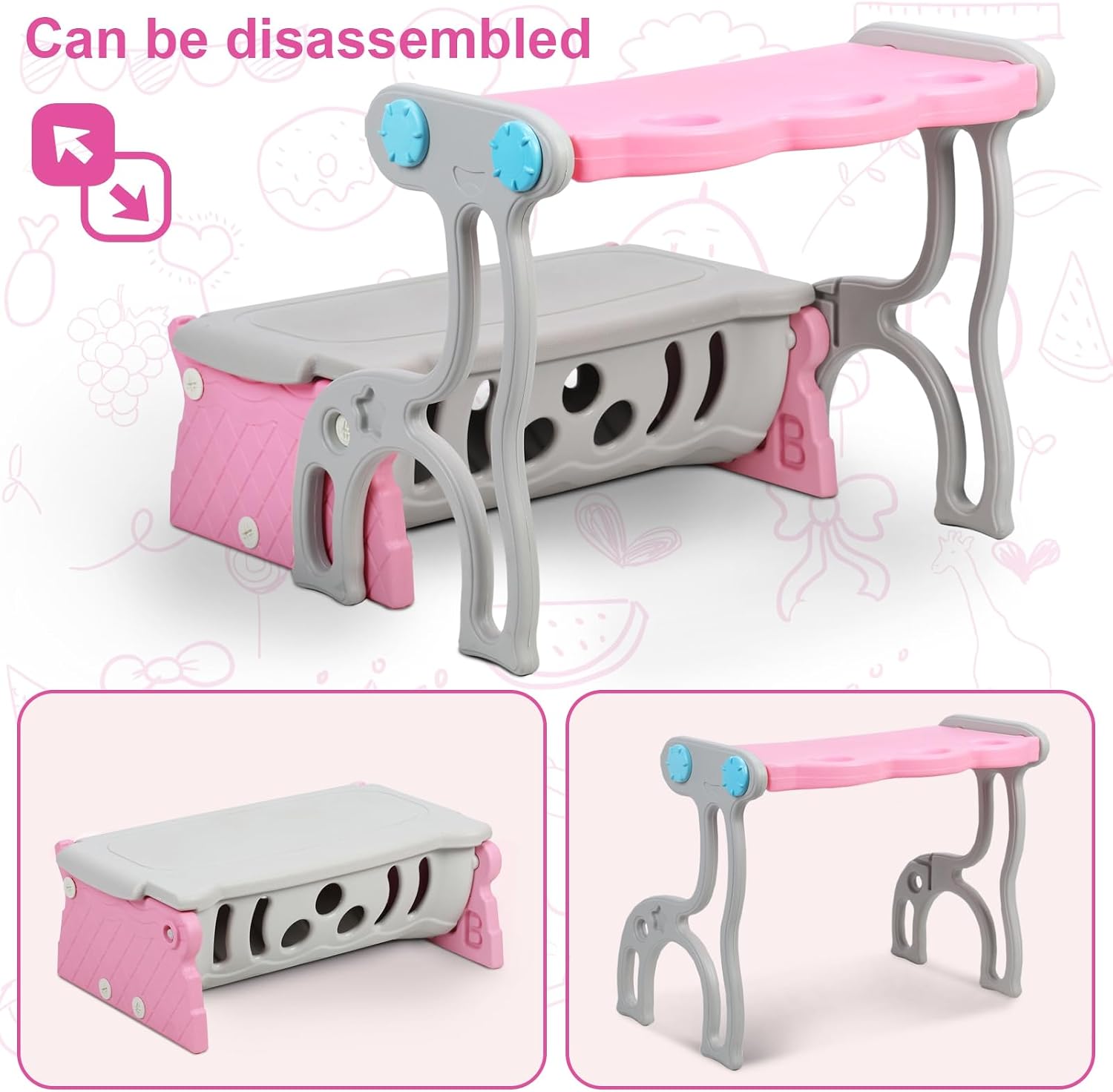 3 in 1 Study Table Bench Toy Storage Stool Set, Kids Storage Bench Toy Storage Stool with Letter Backrest, Flip Design, Large Capacity Space Pink