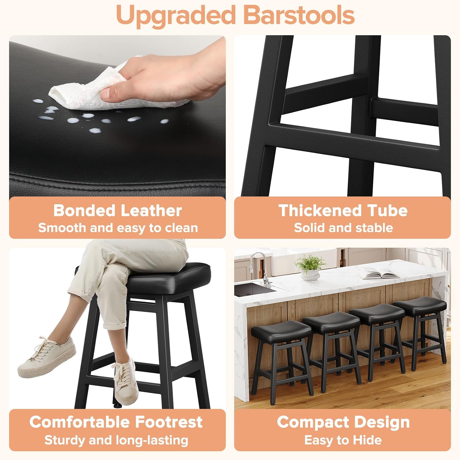 Raynesys 24 Inche Bonded Leather Counter Height Bar Stools Set of 2 Curved | Barstools with Curved Bonded Leather Seats & Heavy Duty Metal Legs for Kitchen Counter, Easy Assembly, All Black