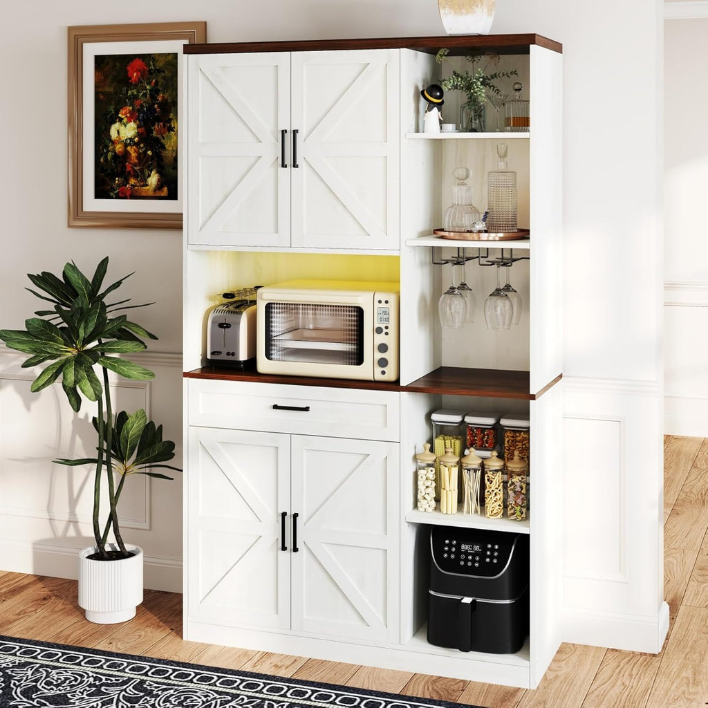 71'' Farmhouse Kitchen Pantry Cabinet,LED Sideboard with Hutch&Glass Holder,Tall Kitchen Cabinet with Barn Doors, Pantry Hutch with Countertop&Shelves for Dining Room
