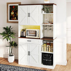 71'' Farmhouse Kitchen Pantry Cabinet,LED Sideboard with Hutch&Glass Holder,Tall Kitchen Cabinet with Barn Doors, Pantry Hutch with Countertop&Shelves for Dining Room