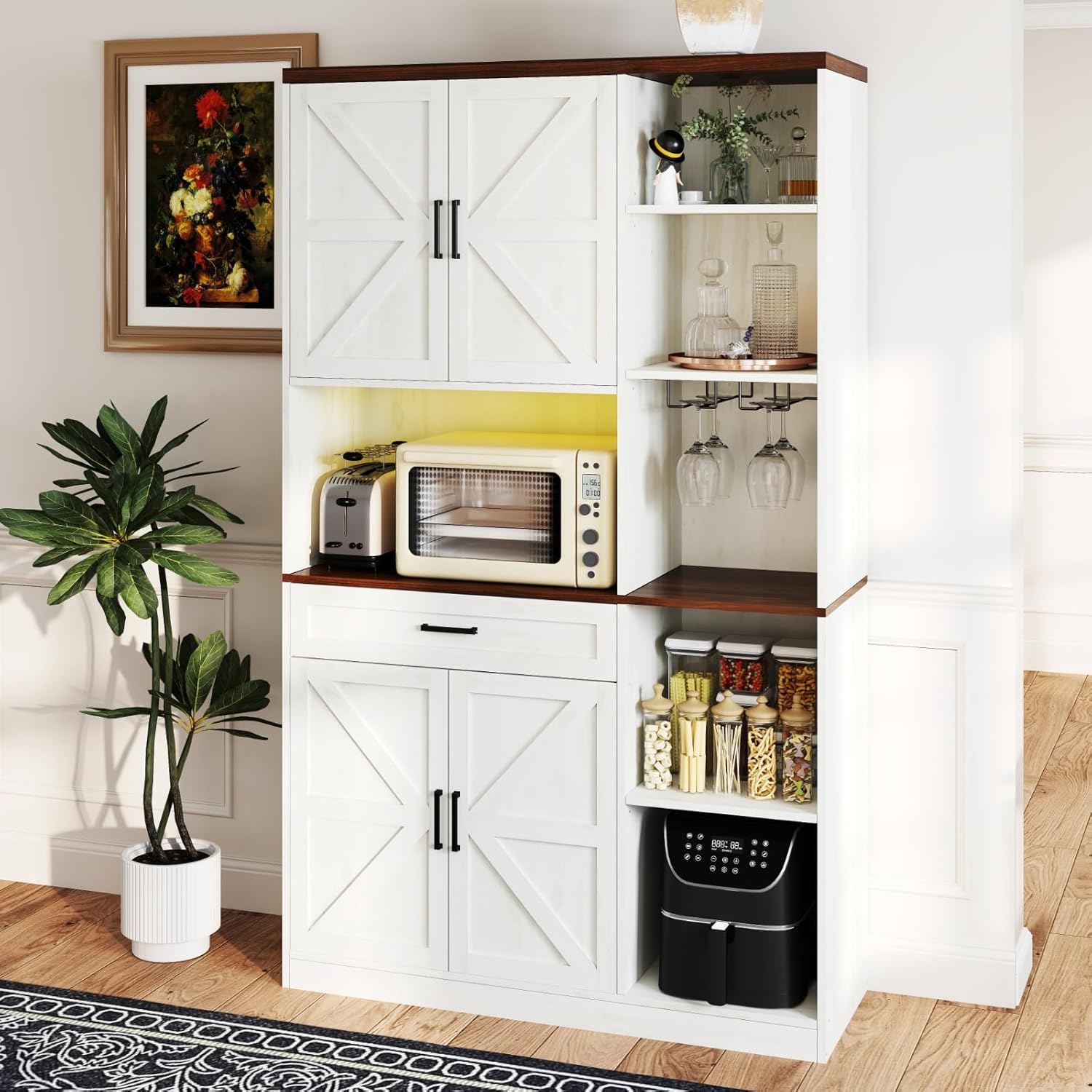 71'' Farmhouse Kitchen Pantry Cabinet,LED Sideboard with Hutch&Glass Holder,Tall Kitchen Cabinet with Barn Doors, Pantry Hutch with Countertop&Shelves for Dining Room