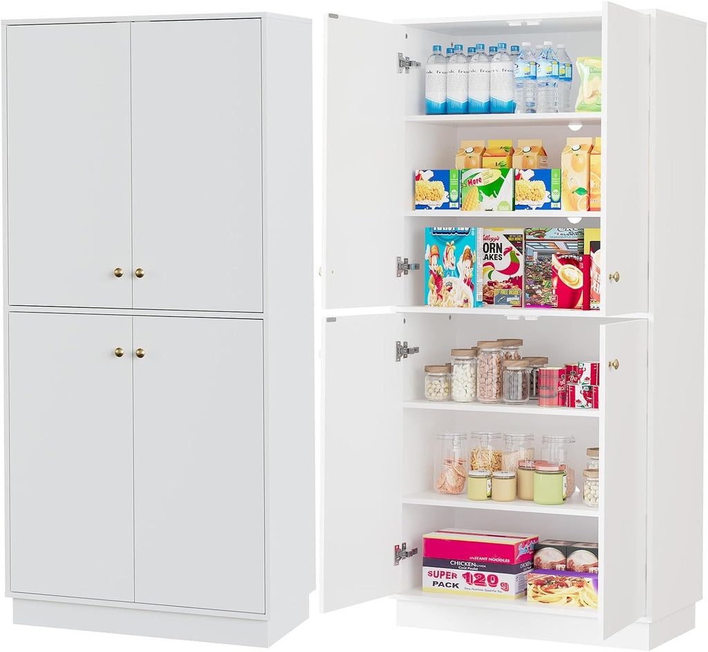 Garvee Kitchen Pantry Cabinet, 68'' Pantry Storage Cabinet with 4 Doors and 4 Adjustable Shelves, Wooden Freestanding Cupboard for Kitchen, Dining Room and Living Room and Bedroom, White