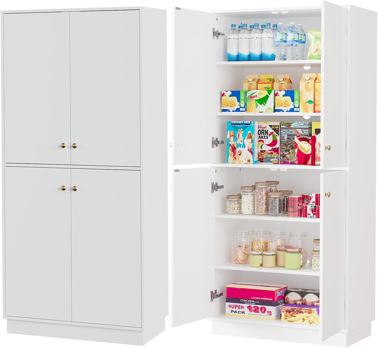 Garvee Kitchen Pantry Cabinet, 68'' Pantry Storage Cabinet with 4 Doors and 4 Adjustable Shelves, Wooden Freestanding Cupboard for Kitchen, Dining Room and Living Room and Bedroom, White