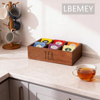 LBEMEY Tea Bag Organizer,Acacia Wood Tea Storage Containers with 6 Compartments, Sugar Packet Holder,Tea Bag Caddy Box for Cabinet Countertop Office (Brown- Labeled "TEA")