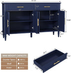 58 Inch Sideboard Buffet Cabinet with Storage, Fluted Buffet Storage Cabinet with 2 Drawers and 4 Doors, Modern Coffee Bar with Adjustable Shelves for Living Room, Kitchen (Blue)